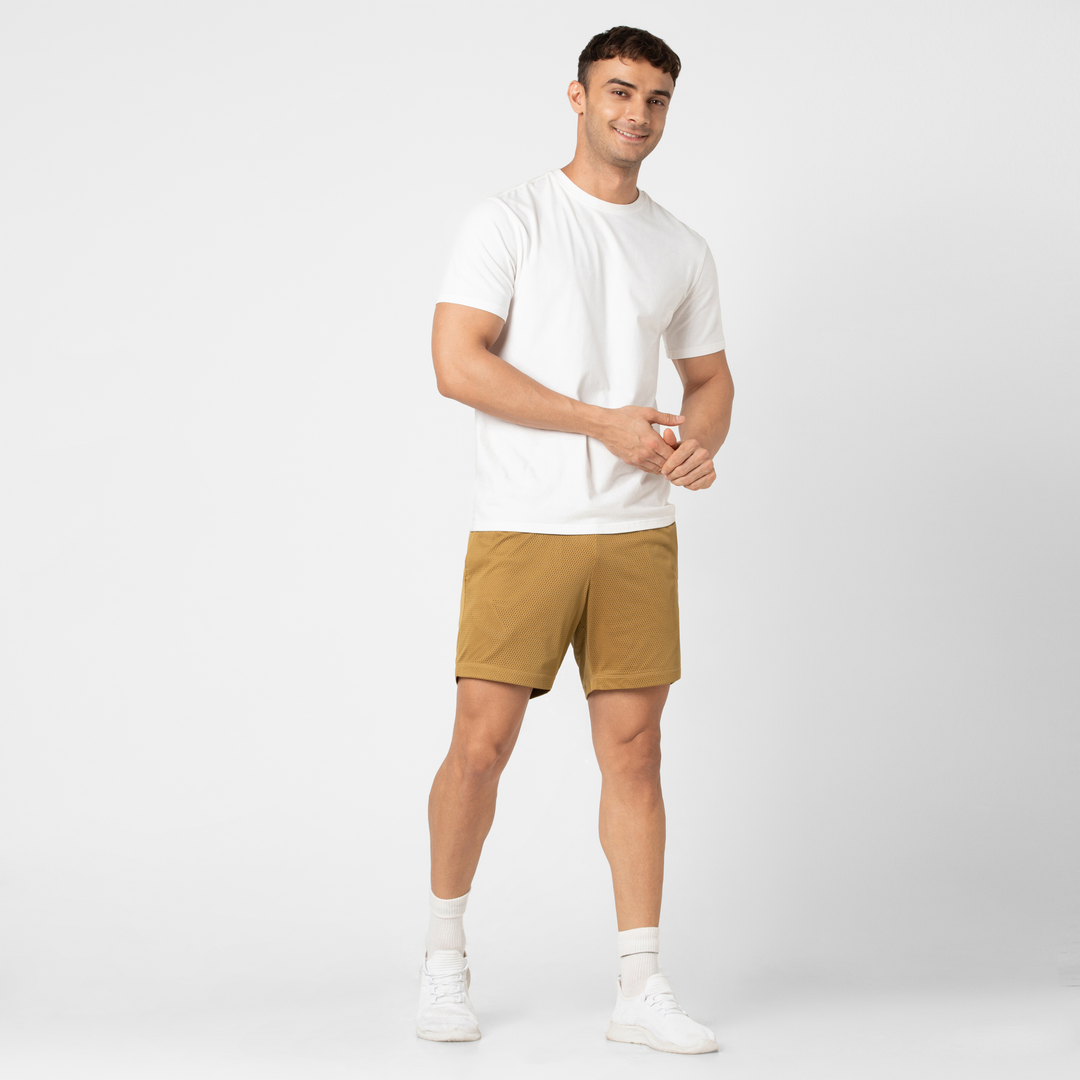 Mesh Short on model in British Khaki