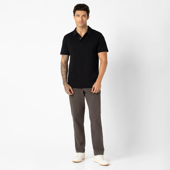 Midweight Supima Polo Black full body on model
