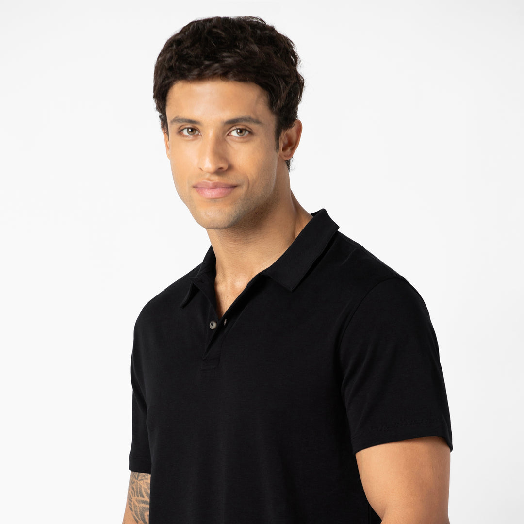 Midweight Supima Polo Black close up on model