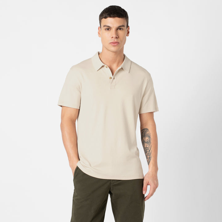 Midweight Supima Polo Bone front on model