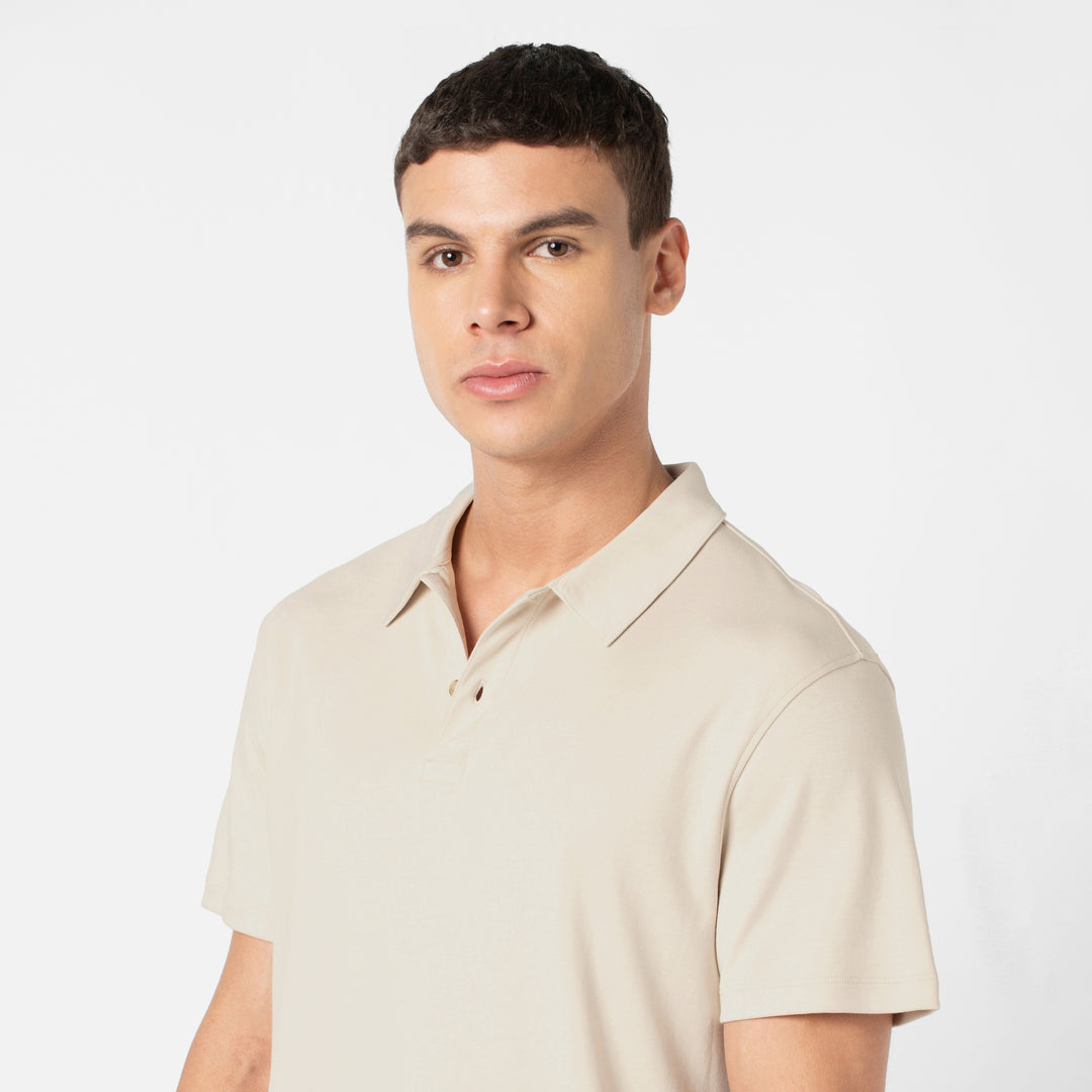 Midweight Supima Polo Bone close up on model