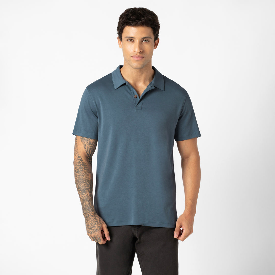 Midweight Supima Polo Denim front on model