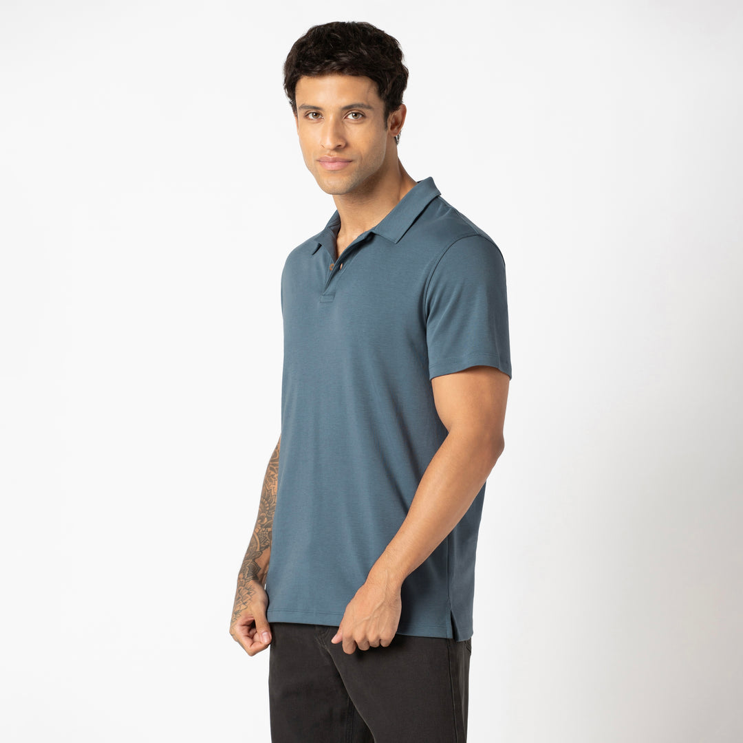 Midweight Supima Polo Denim side on model