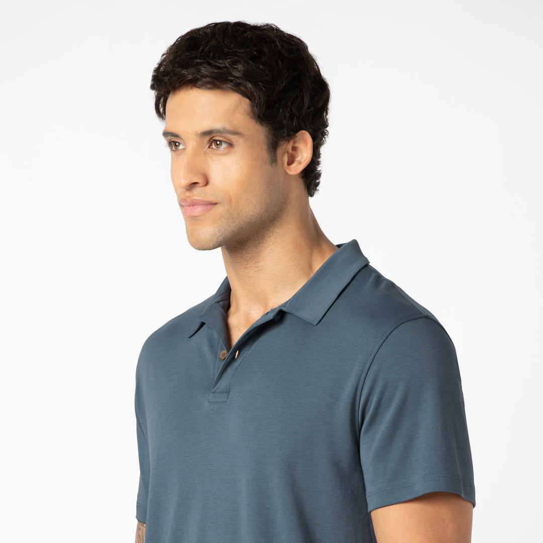 Midweight Supima Polo Denim close up on model