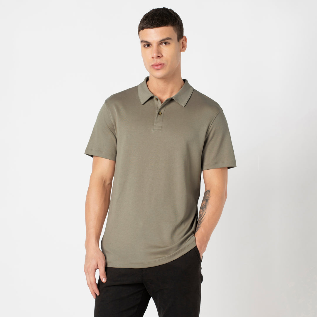 Midweight Supima Polo Fossil front on model