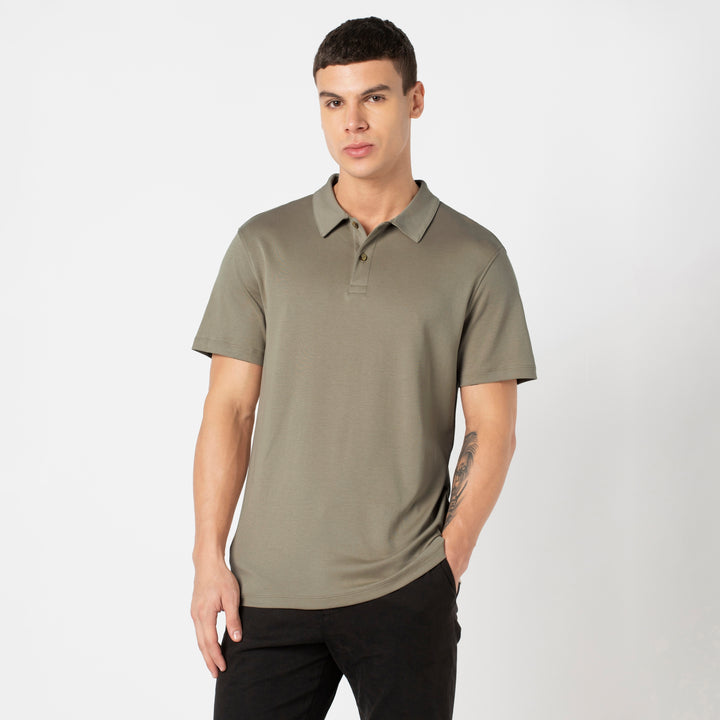 Midweight Supima Polo Fossil front on model