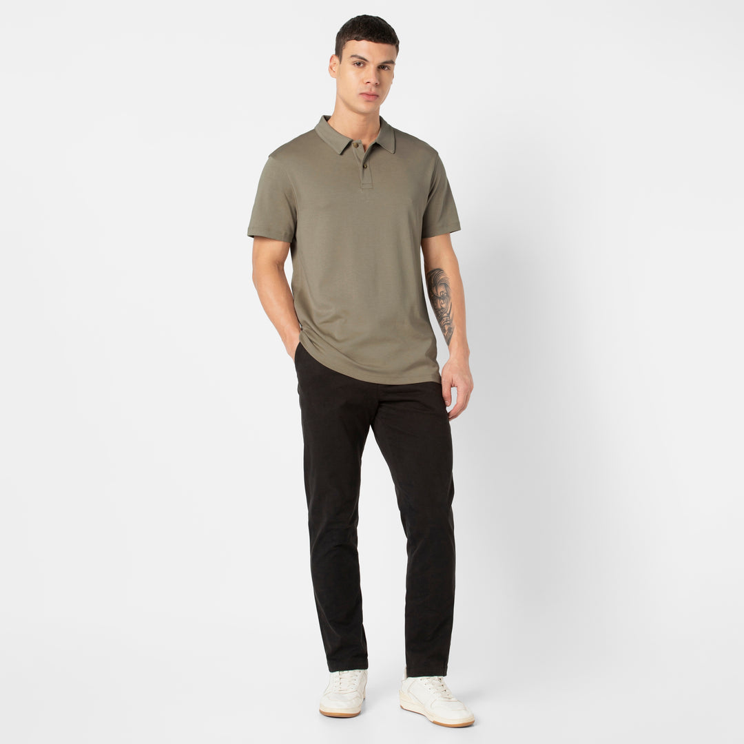 Midweight Supima Polo Fossil full body on model