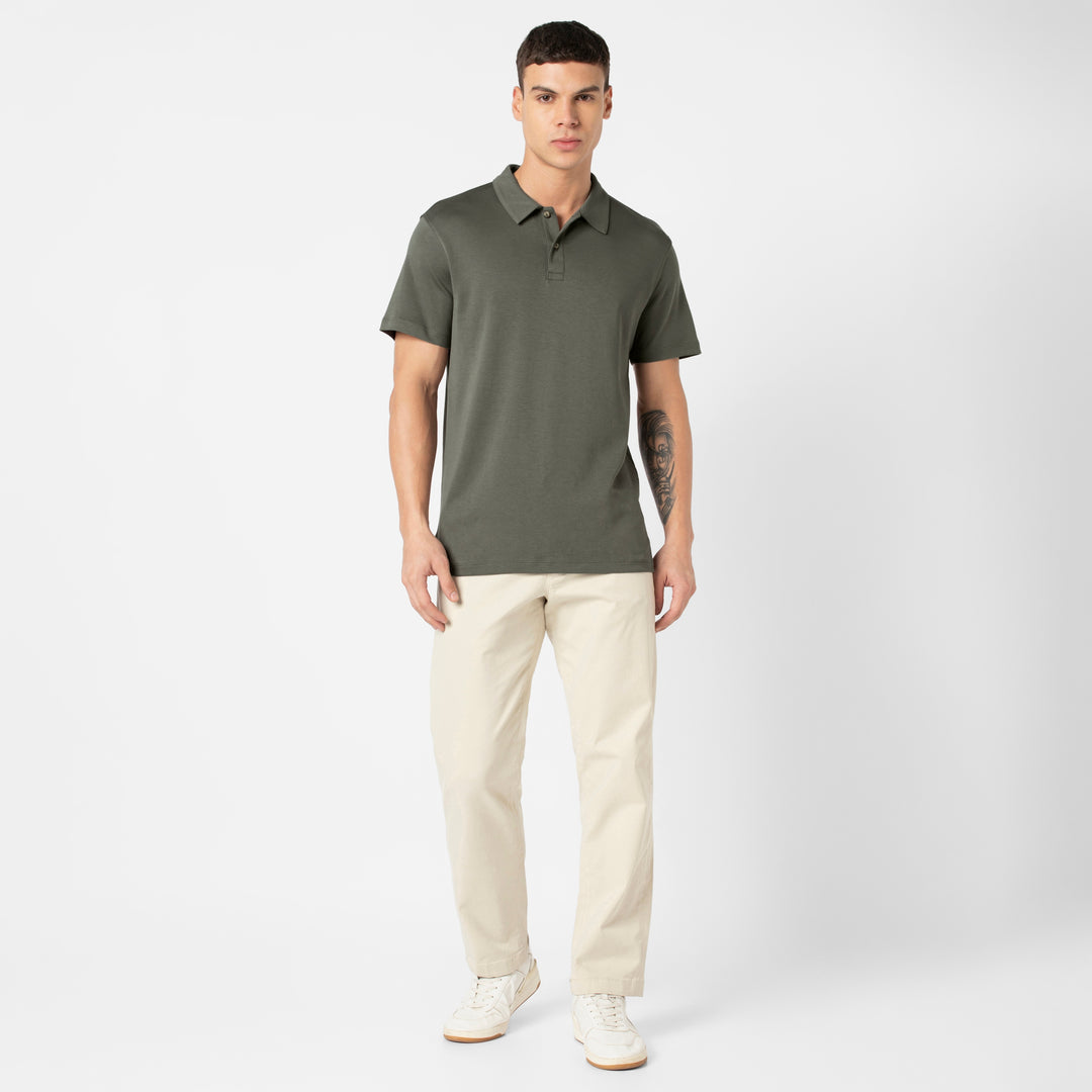 Midweight Supima Polo Graphite full body on model