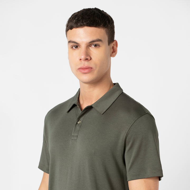 Midweight Supima Polo Graphite close up on model