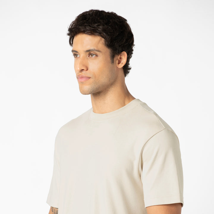 Midweight Supima Tee Bone close up on model