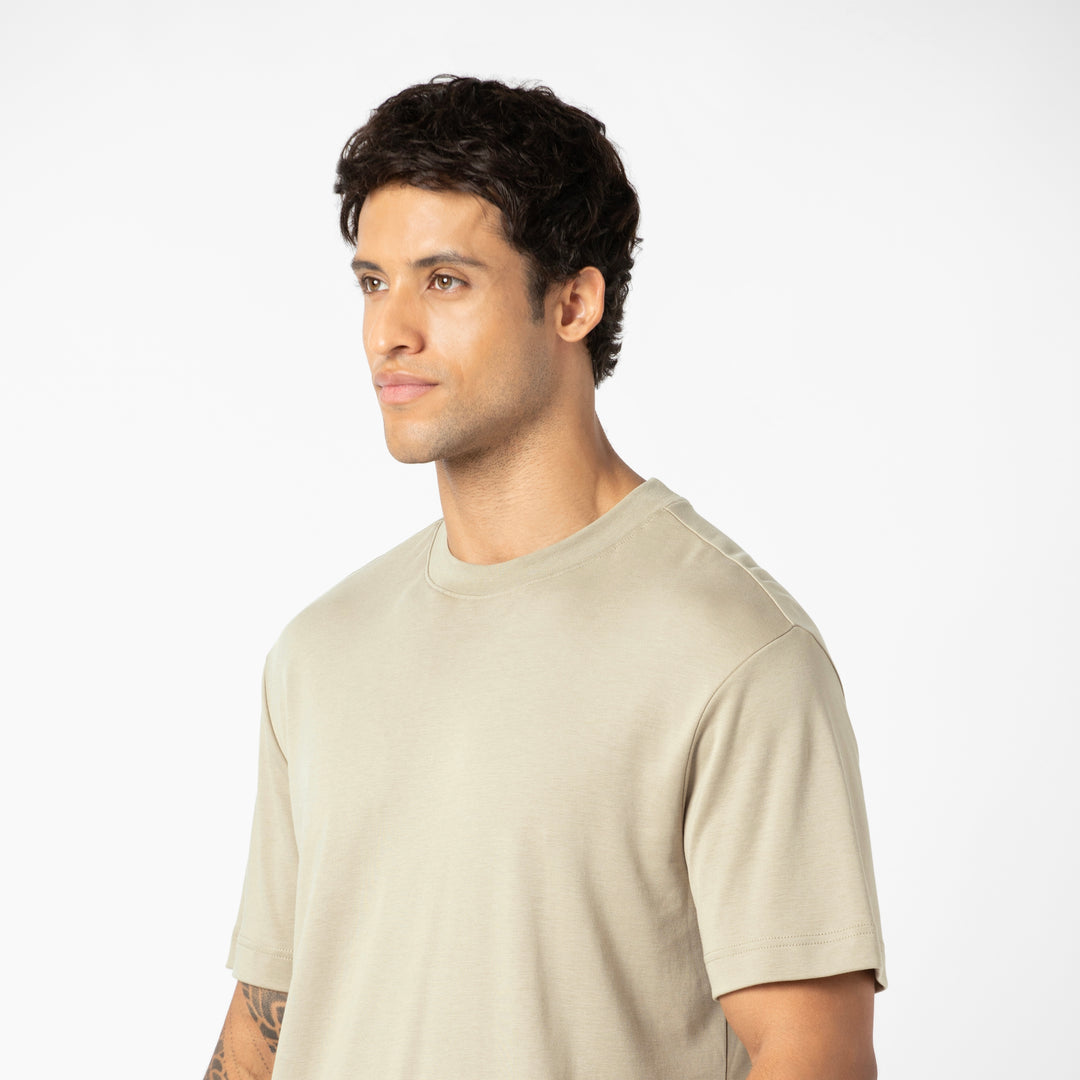 Midweight Supima Tee Fossil close up on model