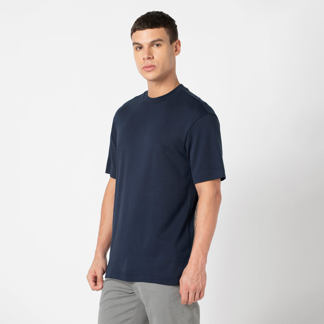 Midweight Supima Tee Navy side on model