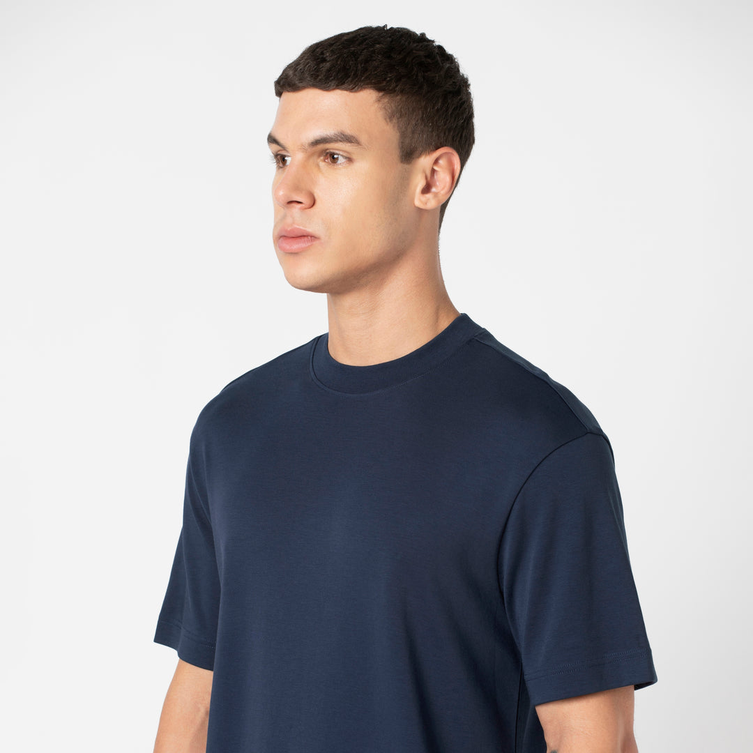 Midweight Supima Tee Navy close up on model