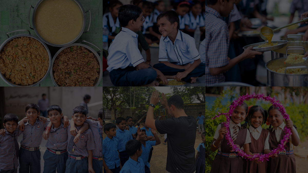 Collage of school meal programs in India: children in uniforms sharing a meal, meals being served from large pots, and groups of students smiling for the camera.