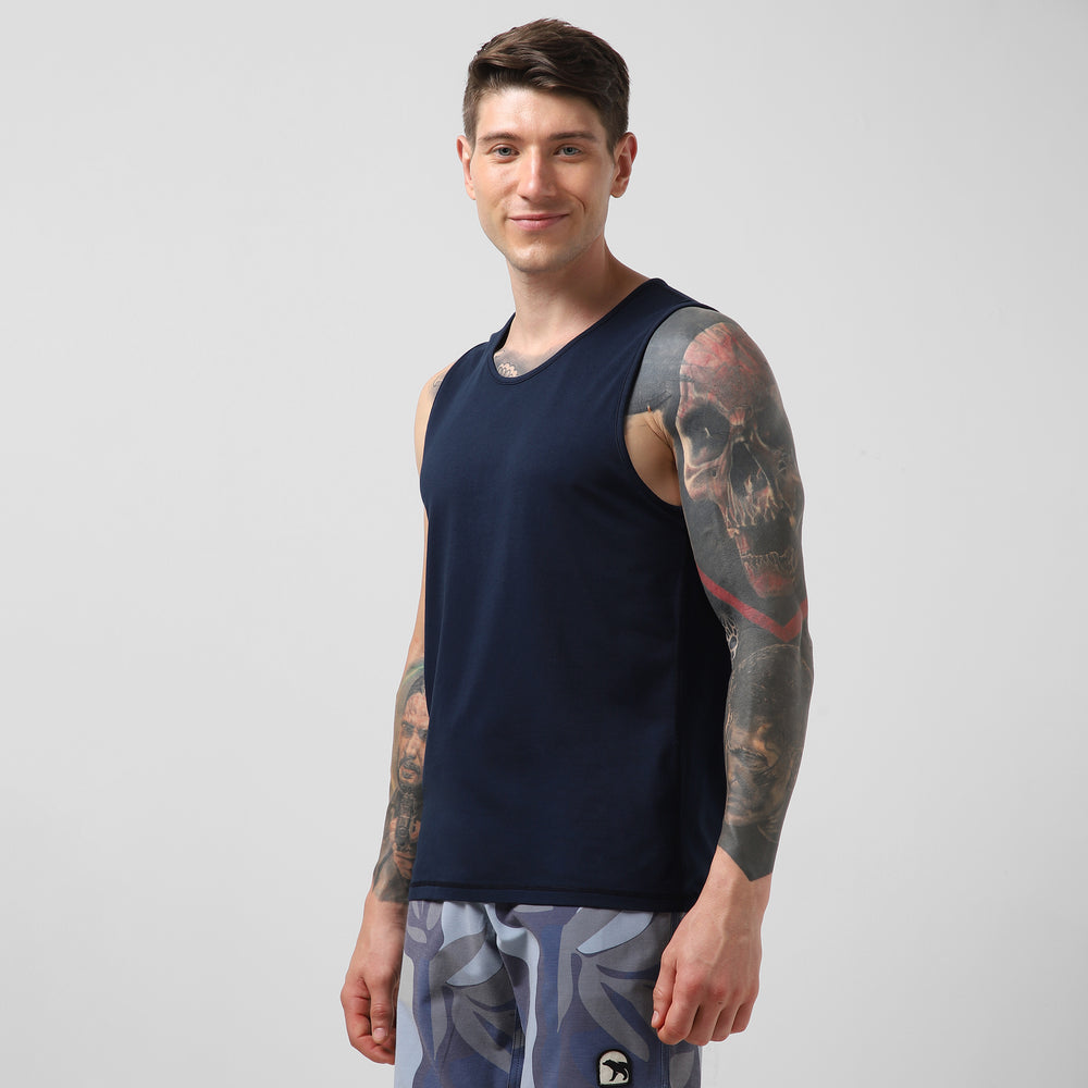 Natural Dye Tank Navy side on model