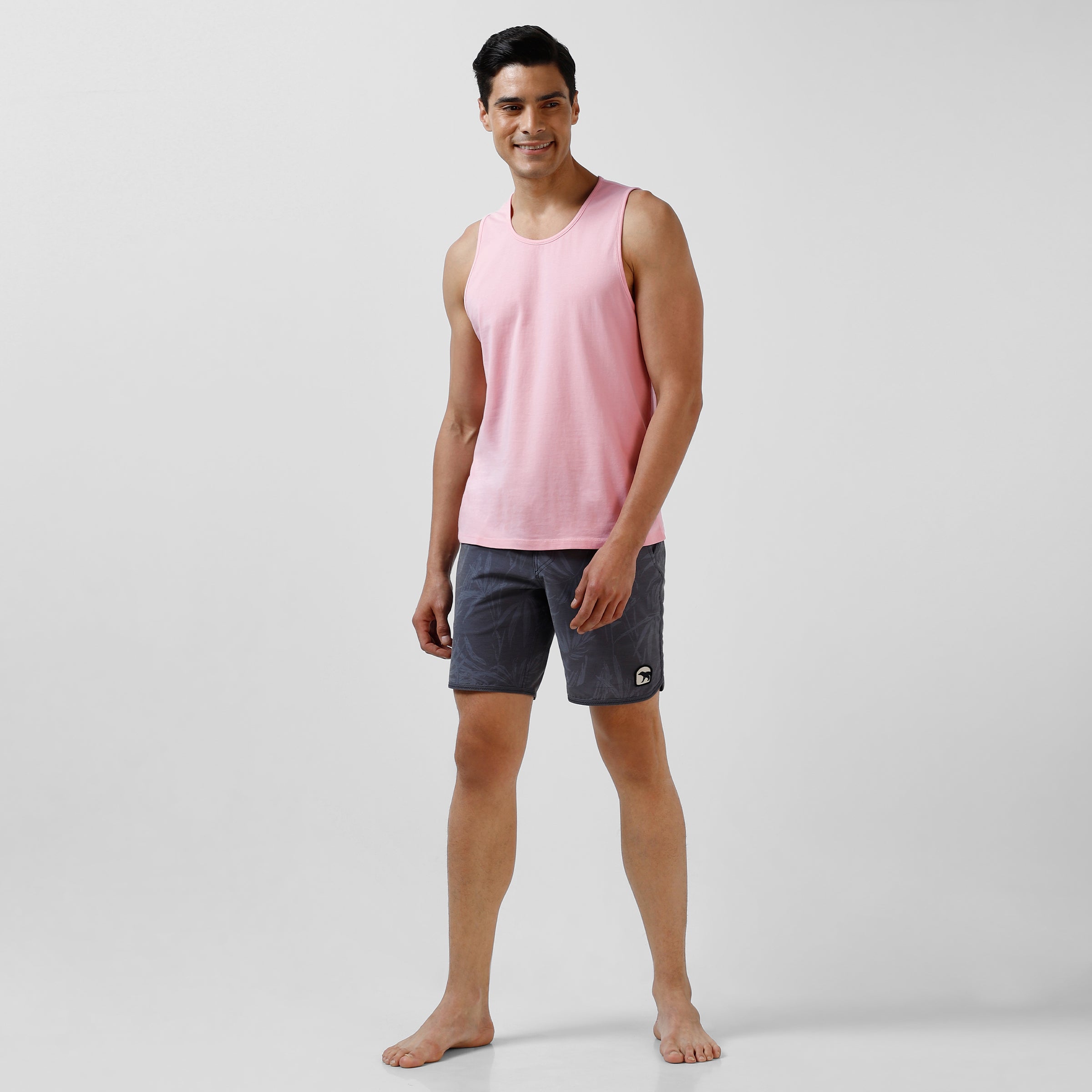 Natural Dye Tank Pink full body on model worn with Board Short Palms