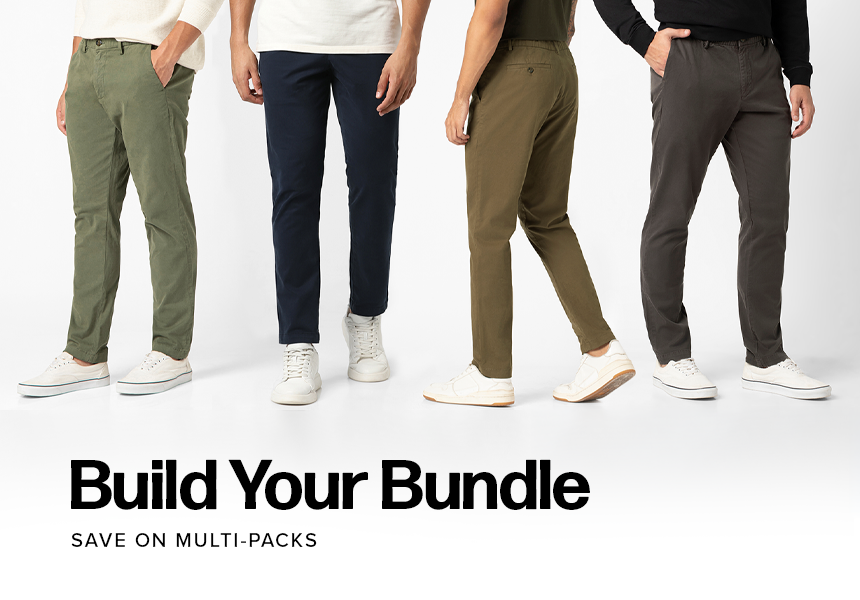 Promotional banner showing four models from the waist down wearing different solid-colored Stretch Chino Pants, with the text 'Build Your Bundle' on the left.