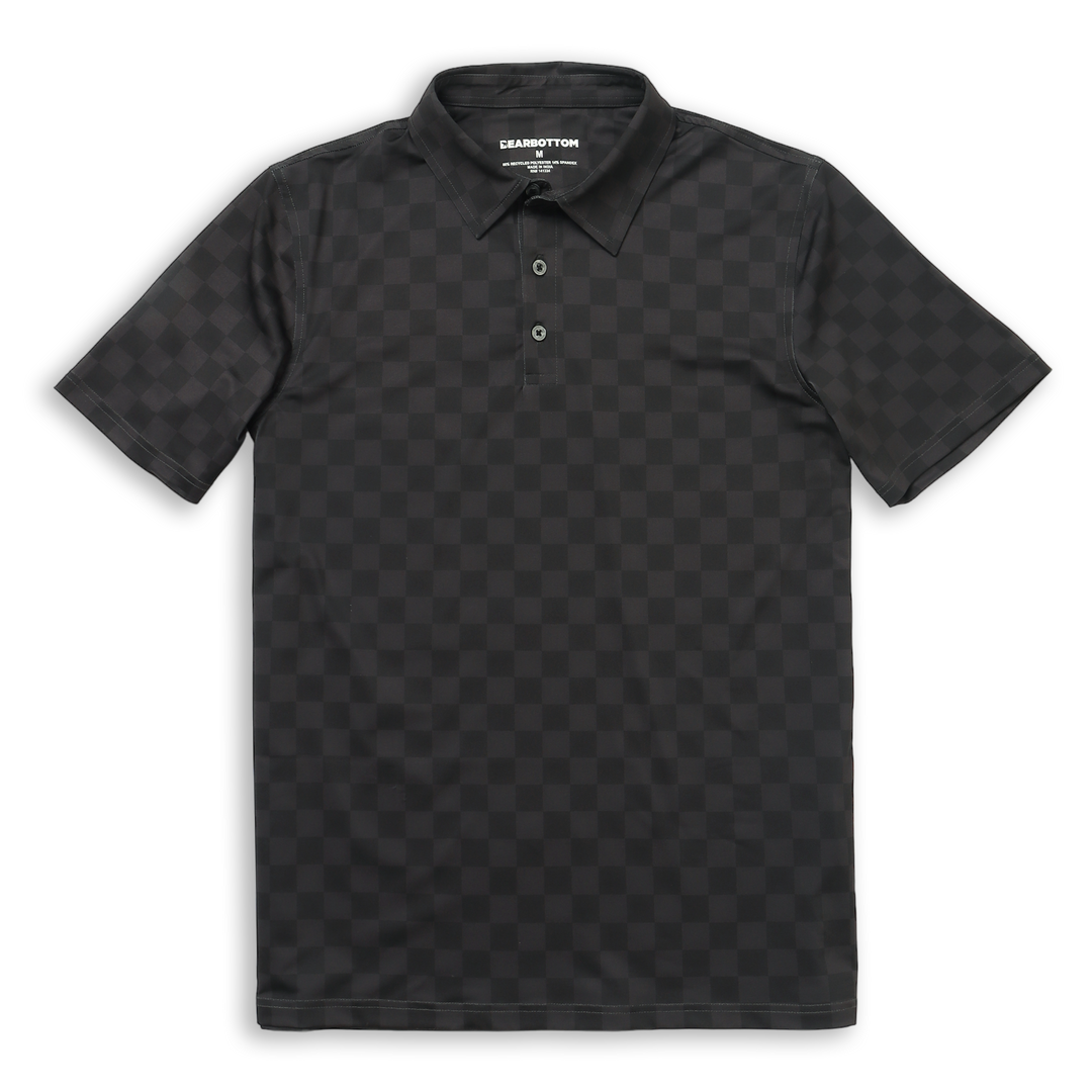 Performance Polo Black Checkers front with collar, short sleeves, and 3 buttons. 