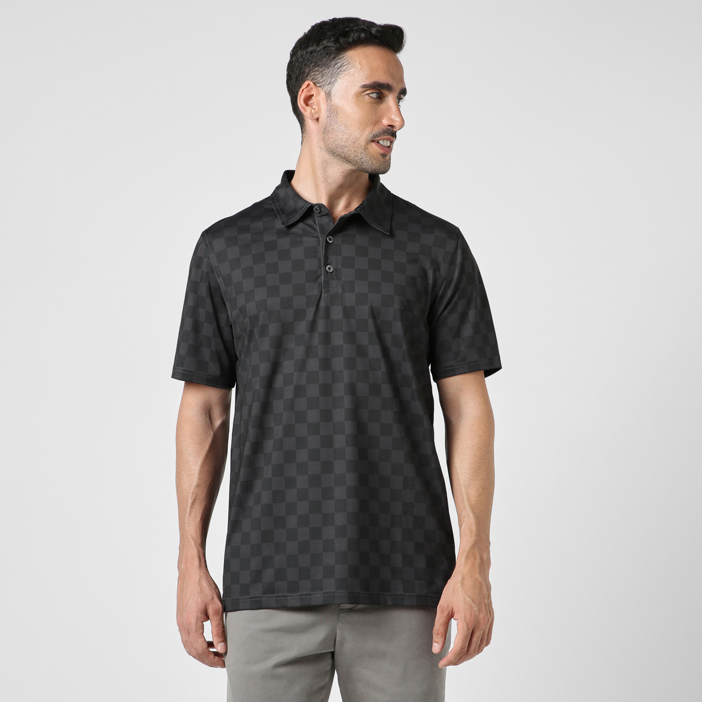 Performance Polo Black Checkers front on model