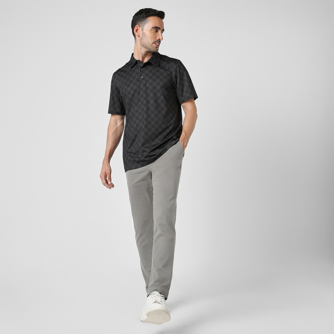 Performance Polo Black Checkers full body on model