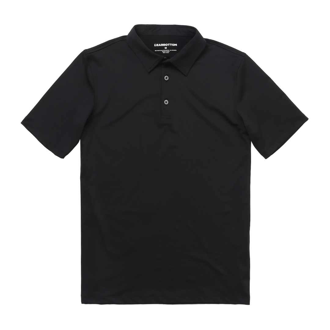 Performance Polo Black Checkers  front with collar, short sleeves, and 3 buttons.
