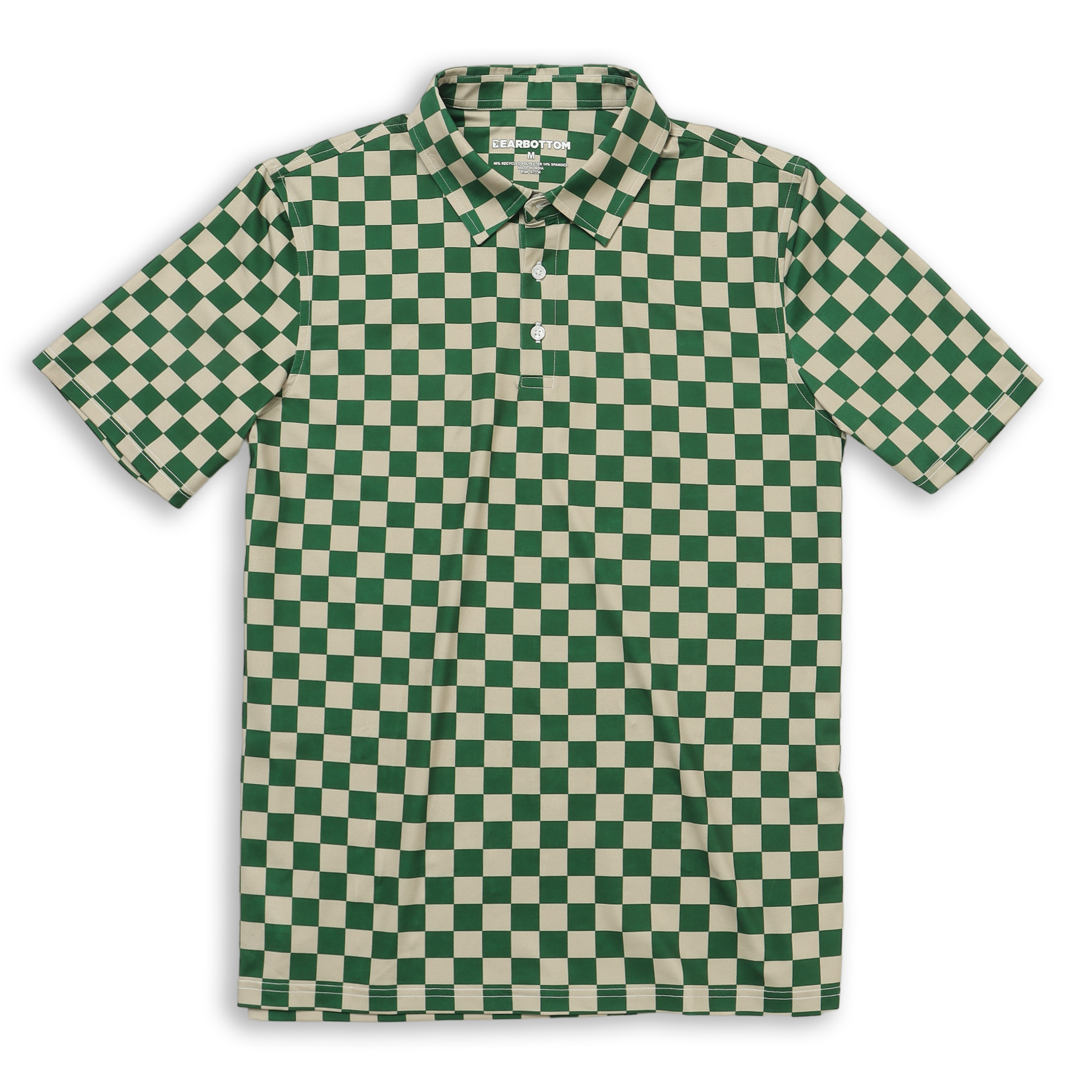 Performance Polo Green Checkers  front with collar, short sleeves, and 3 buttons.
