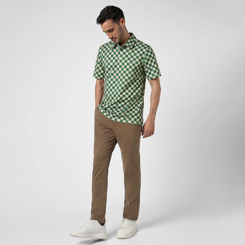 Performance Polo Green Checkers full body on model