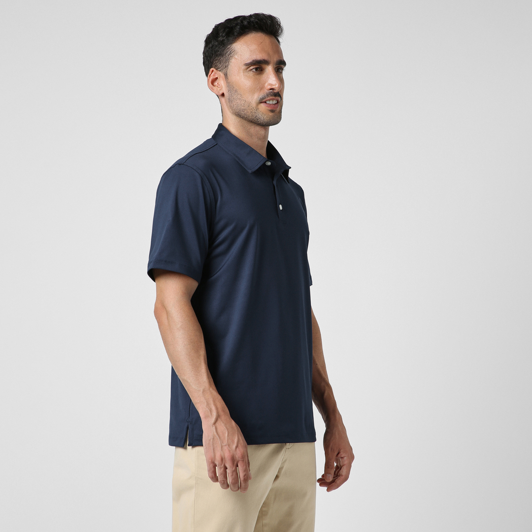 Performance Polo Navy side on model