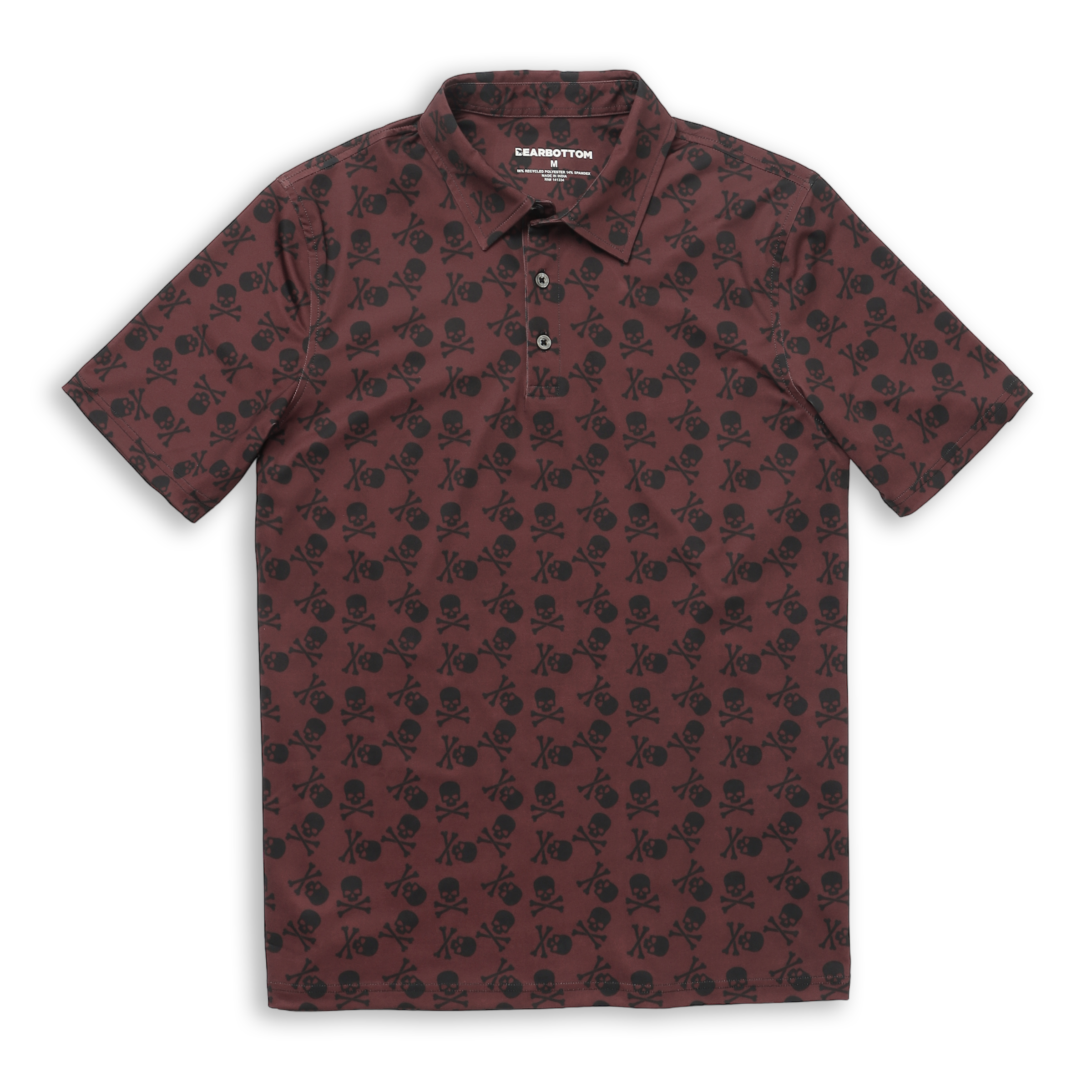 Performance Polo Pirate Skull front with collar, short sleeves, and 3 buttons.