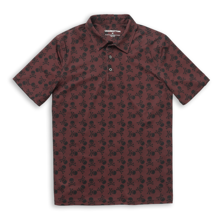 Performance Polo Pirate Skull front with collar, short sleeves, and 3 buttons.