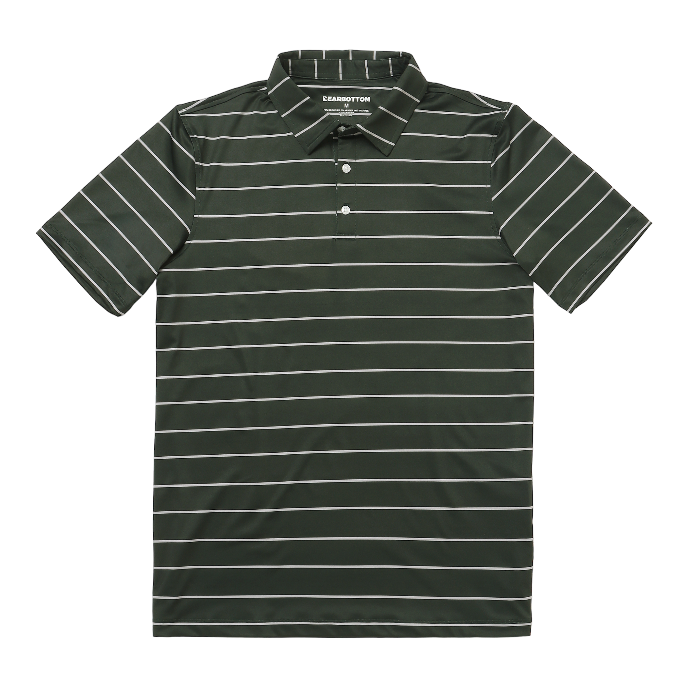 Performance Stripe Polo Forest Stripe front with collar, short sleeves, and 3 buttons
