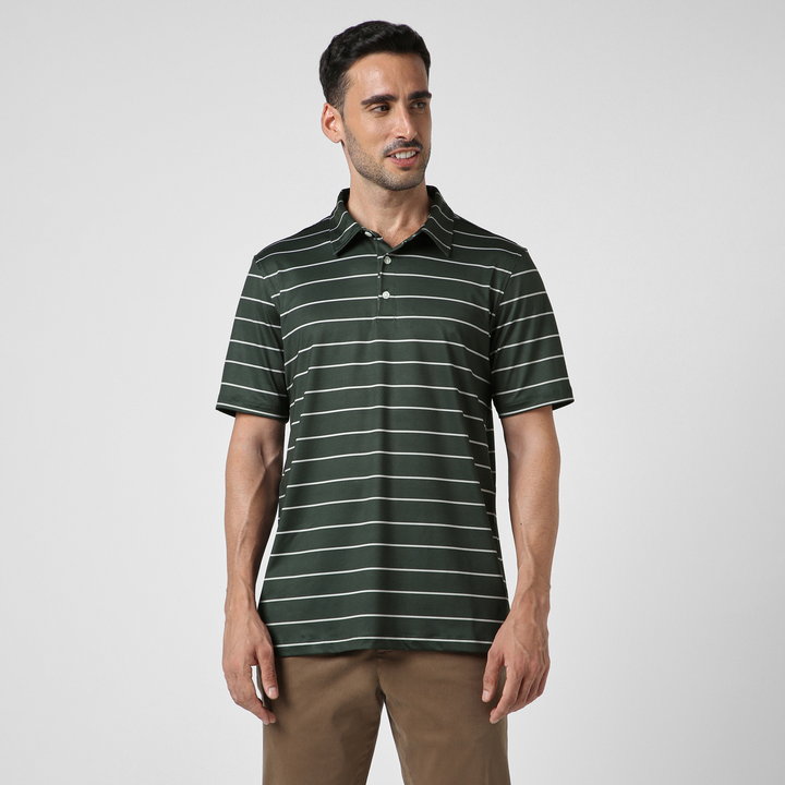 Performance Stripe Polo Forest Stripe front on model
