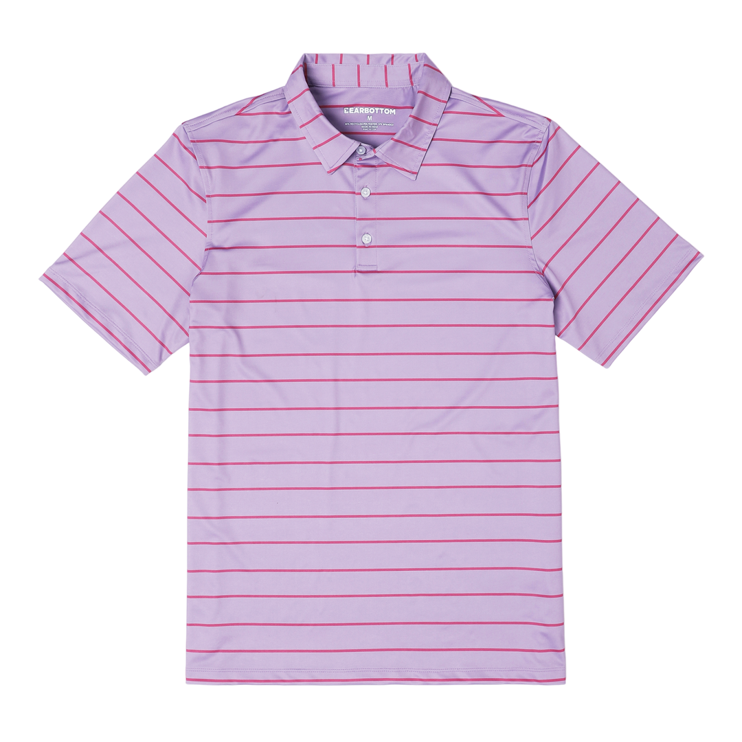 Performance Stripe Polo Lilac Stripe front with collar, short sleeves, and 3 buttons