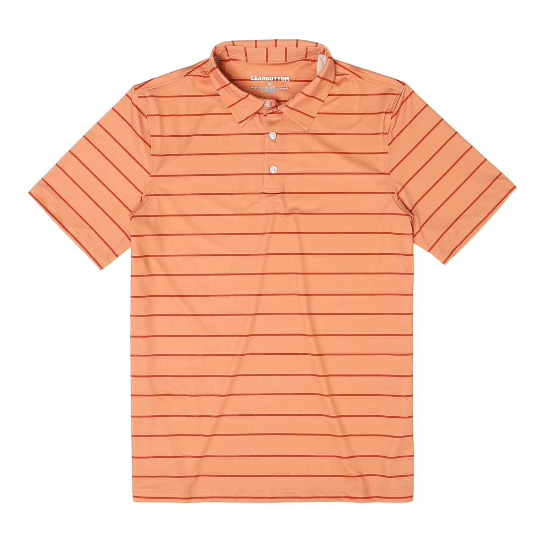 Performance Stripe Polo Peach Stripe front with collar, short sleeves, and 3 buttons