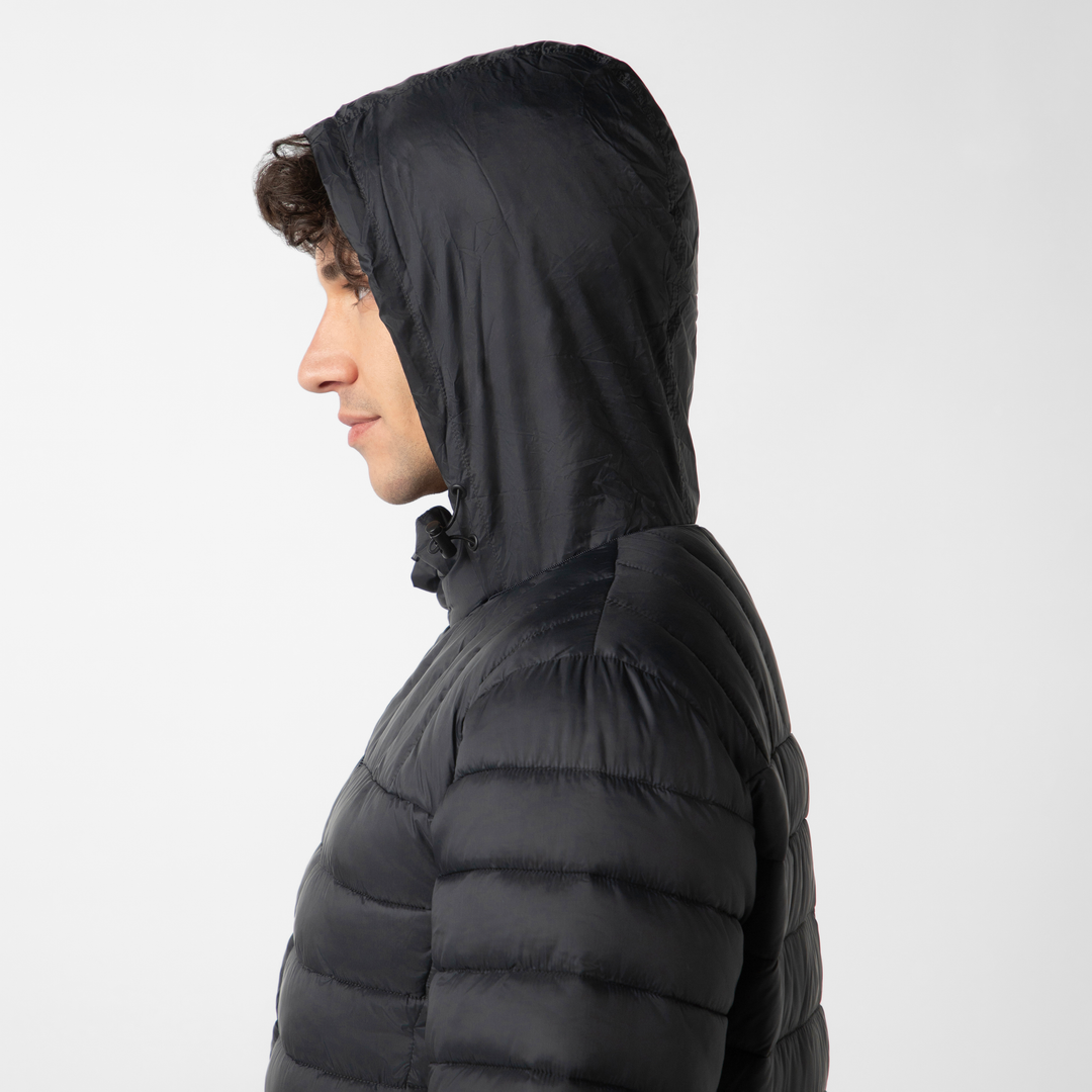 PrimaLoft Packable Jacket Black close up hood on model