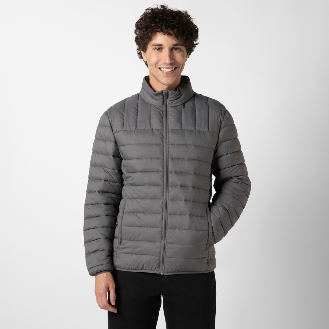 PrimaLoft Packable Jacket Dark Grey front on model