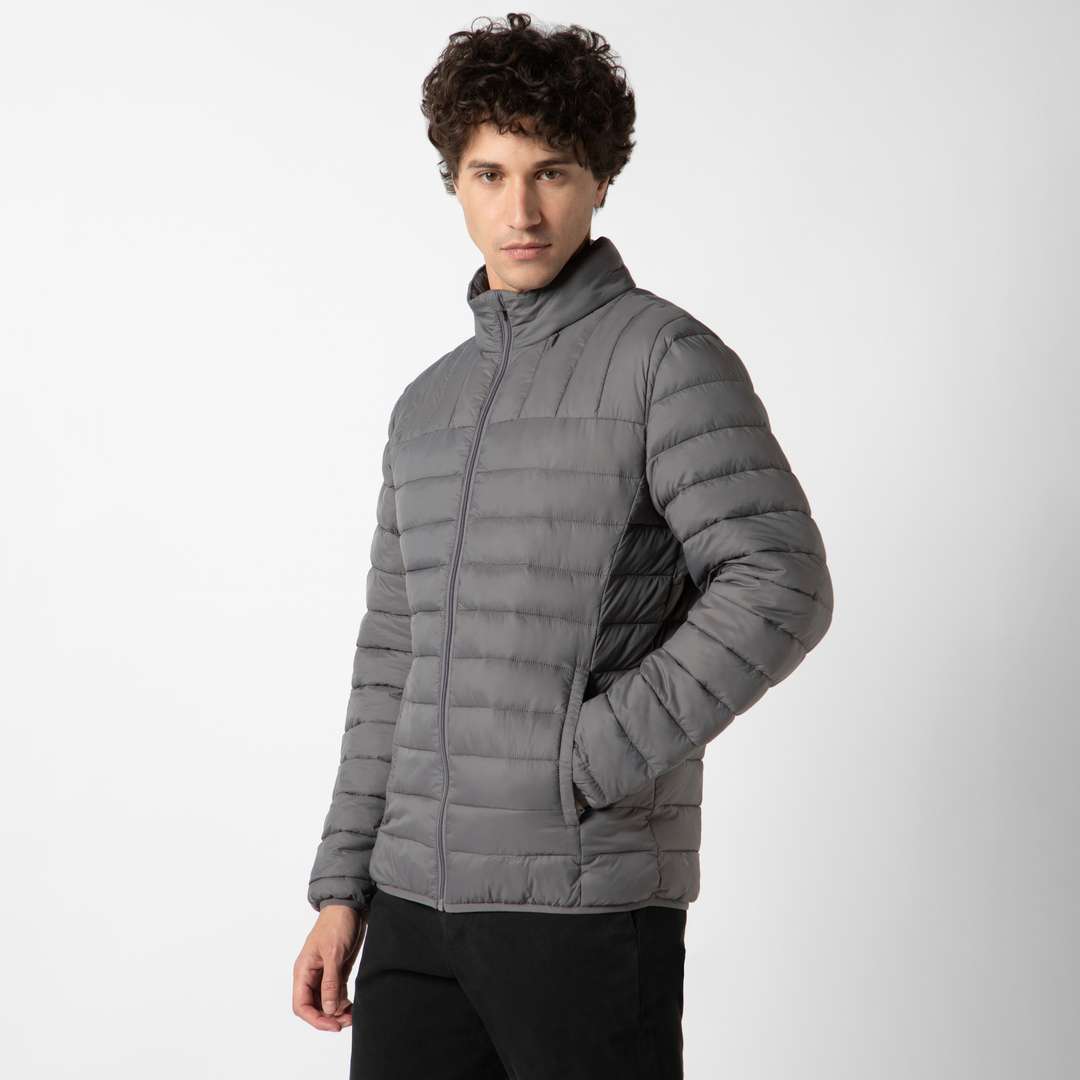 PrimaLoft Packable Jacket Dark Grey side on model