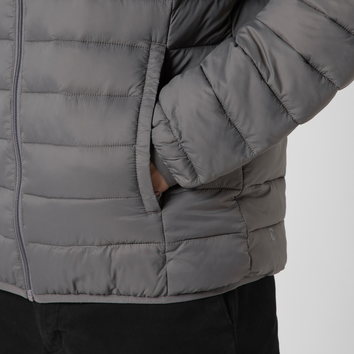 PrimaLoft Packable Jacket Dark Grey close up front pocket on model