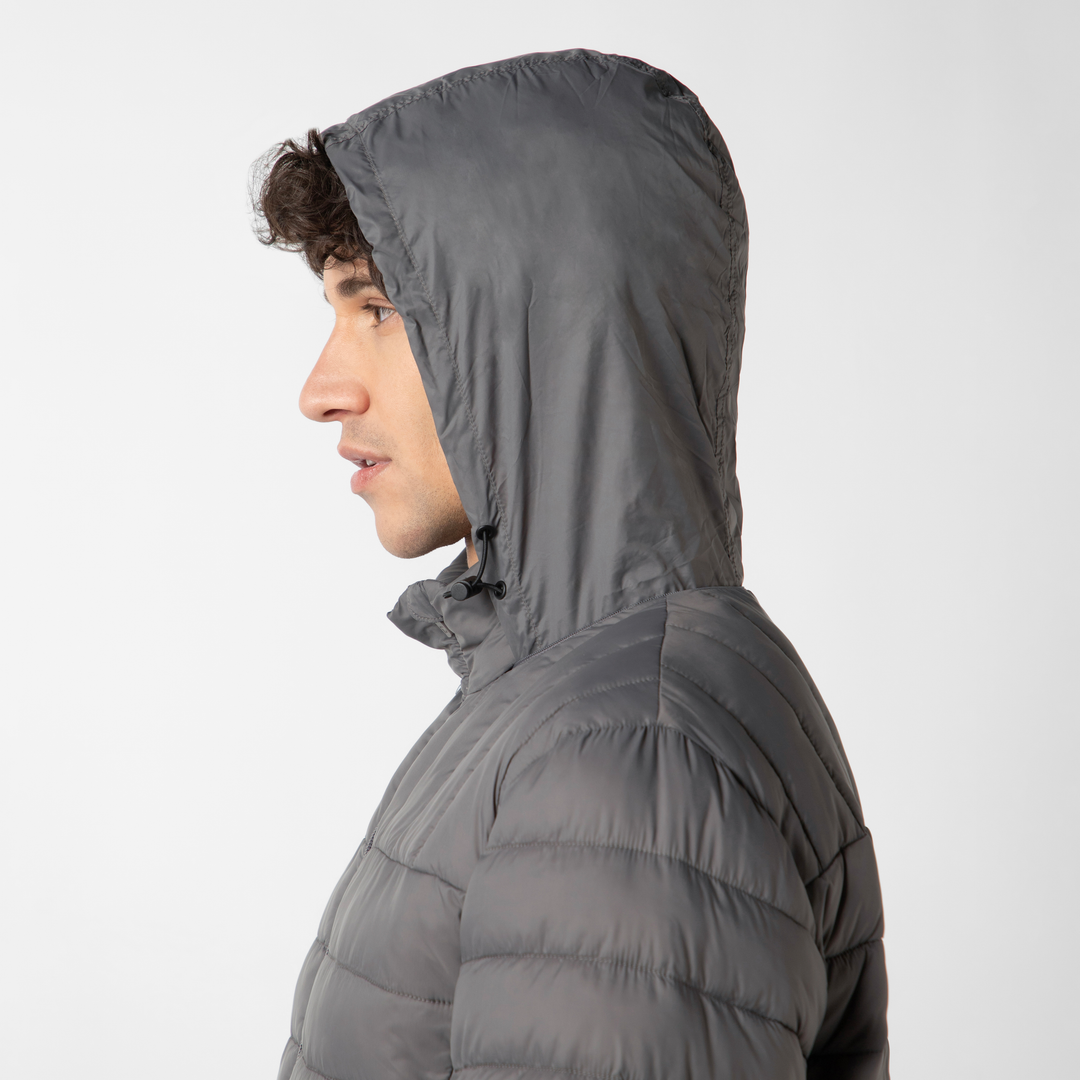 PrimaLoft Packable Jacket Dark Grey close up hood on model