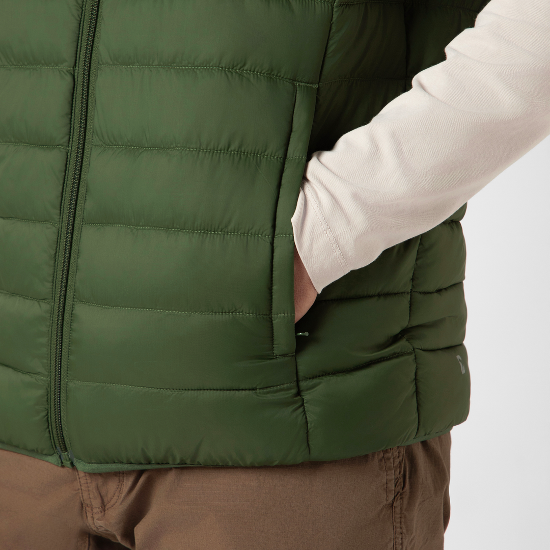 PrimaLoft Packable Vest Pine close up front pocket on model