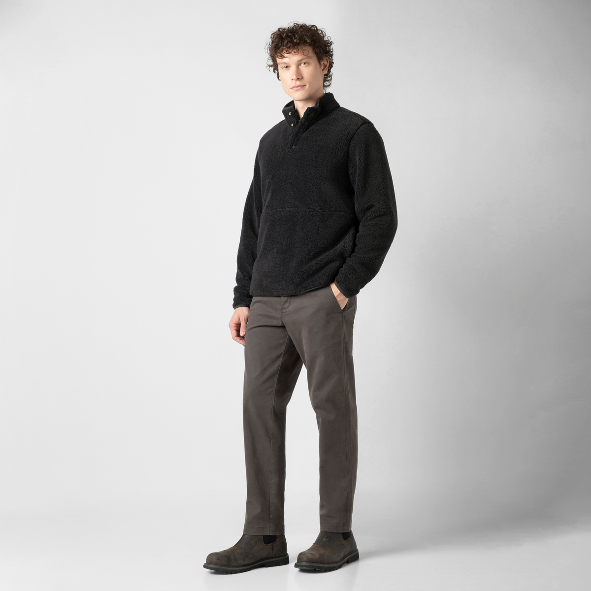 Quarter Snap Sherpa Pullover Black full body on model