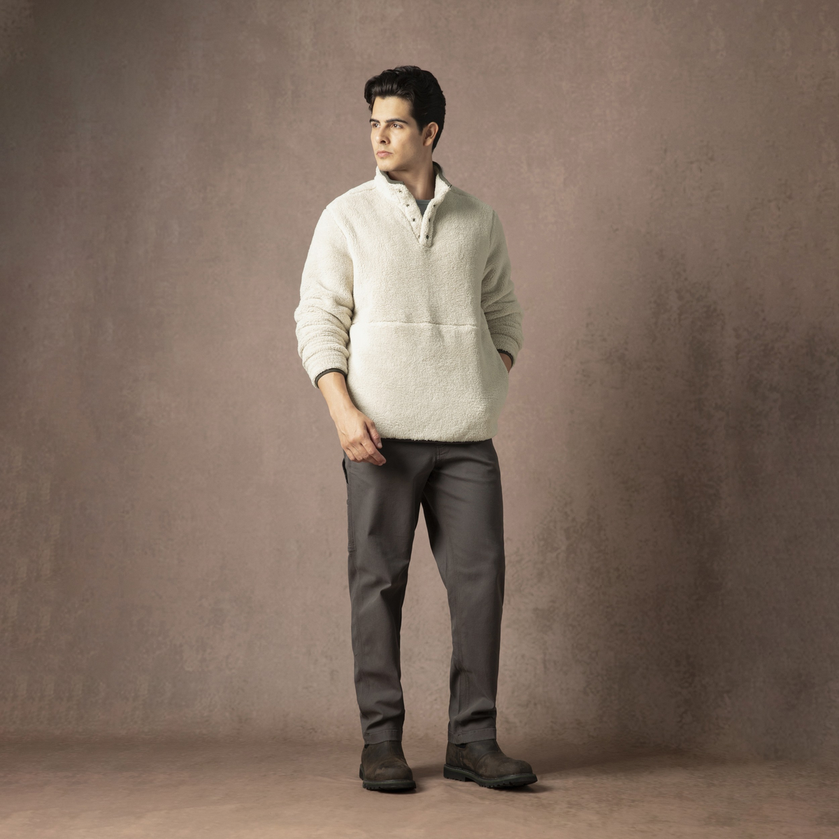 Quarter Snap Sherpa Pullover Bone full body on model on backdrop