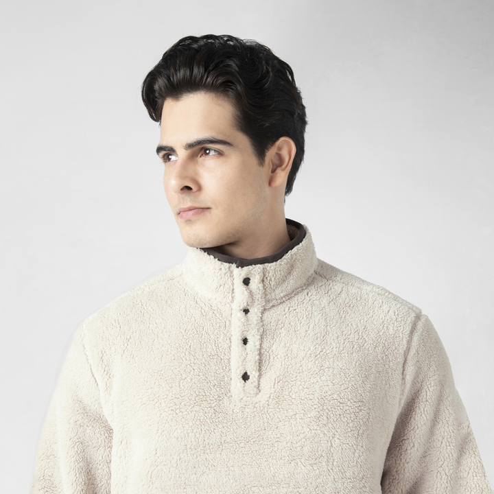 Quarter Snap Sherpa Pullover Bone upper body on model