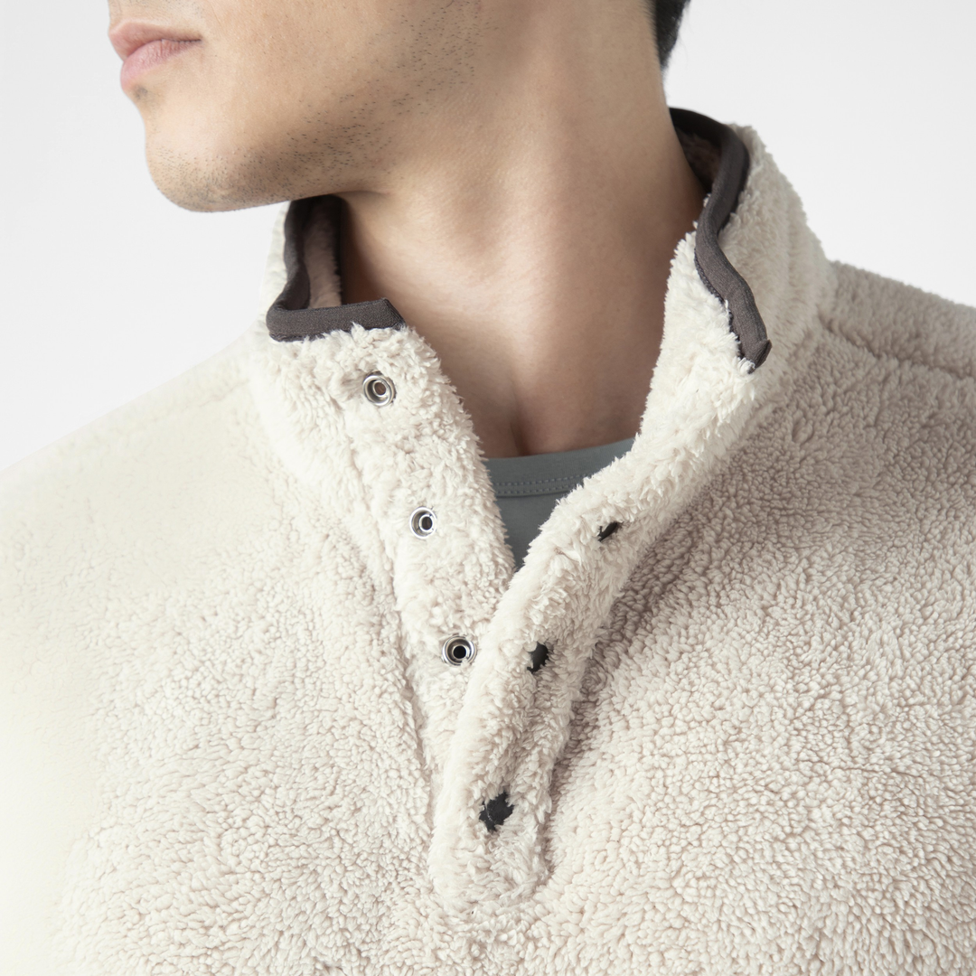 Quarter Snap Sherpa Pullover Bone collar close up on model