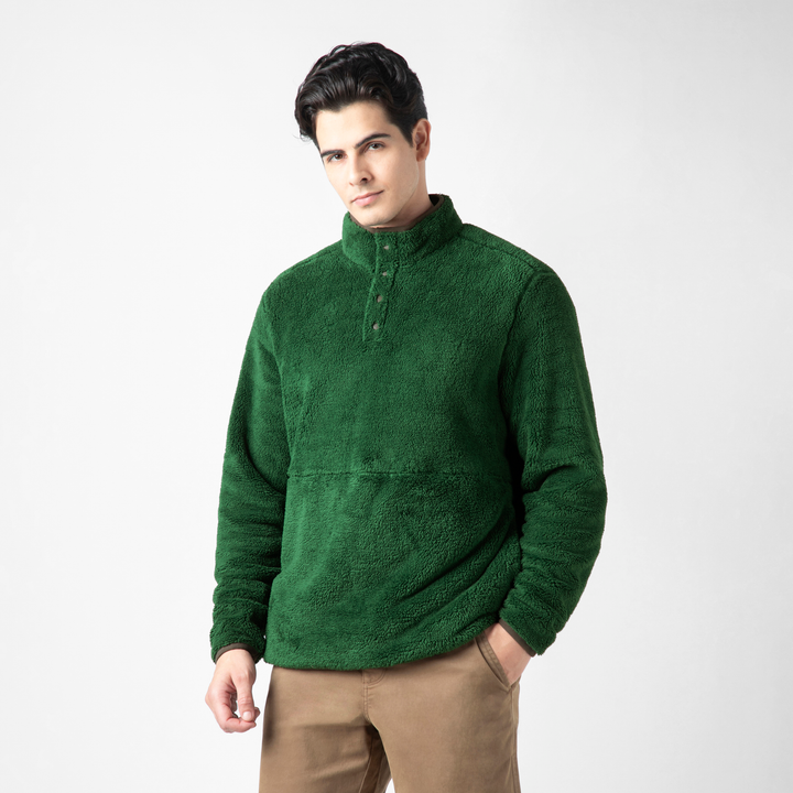 Quarter Snap Sherpa Pullover Duck Green front on model