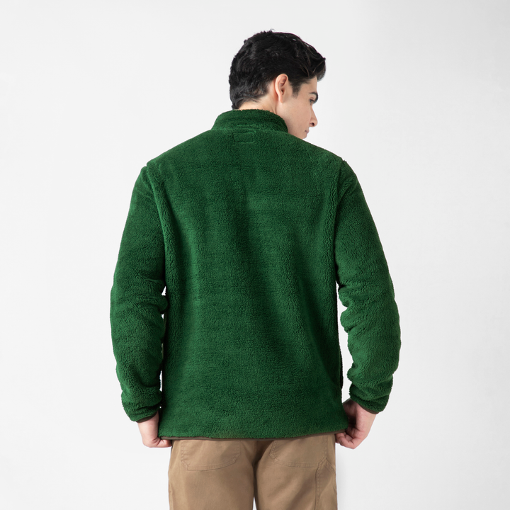 Quarter Snap Sherpa Pullover Duck Green back on model