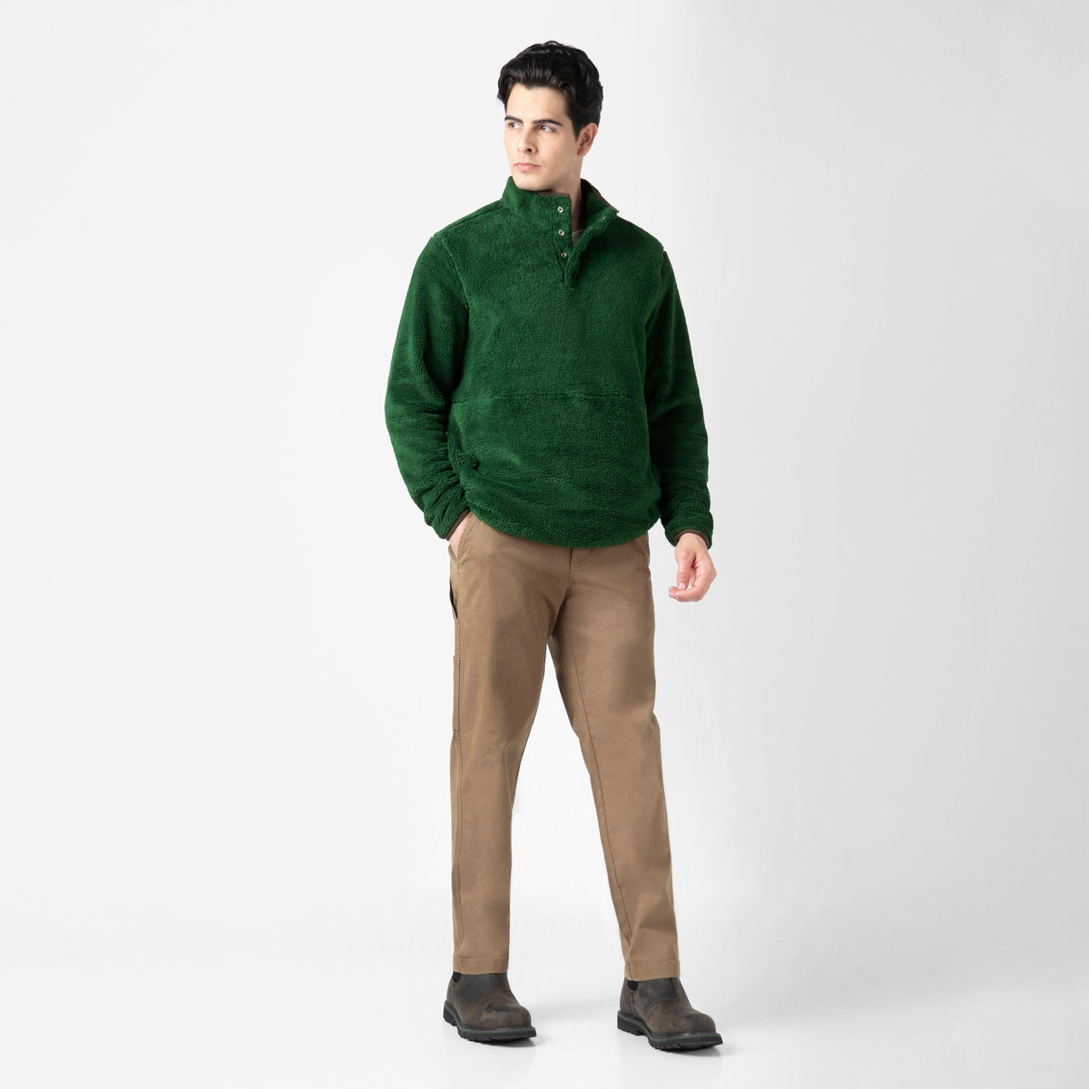 Quarter Snap Sherpa Pullover Duck Green full body on model