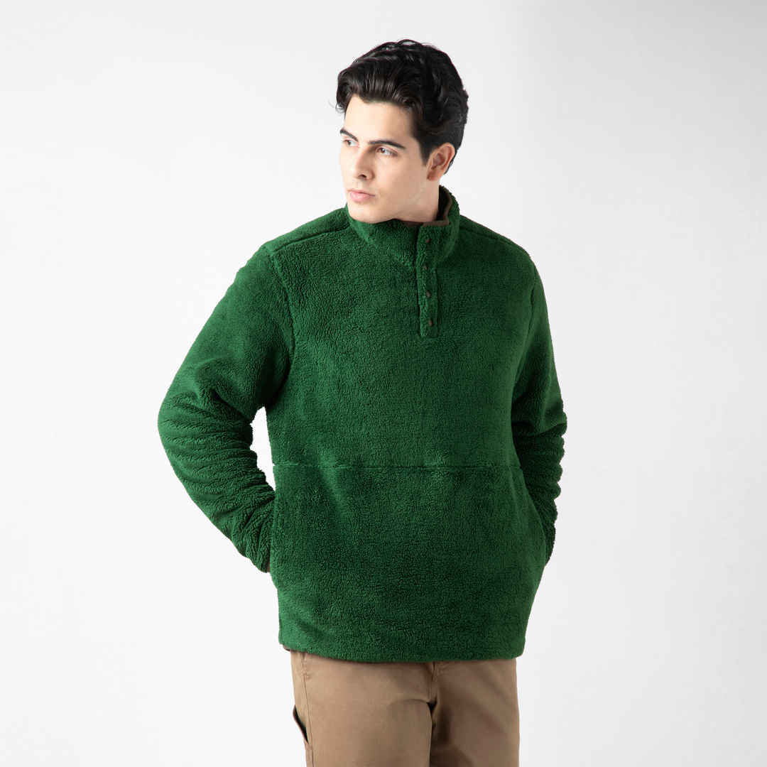 Quarter Snap Sherpa Pullover Duck Green side on model