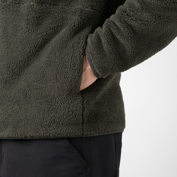Quarter Snap Sherpa Pullover Shadow pocket close up on model