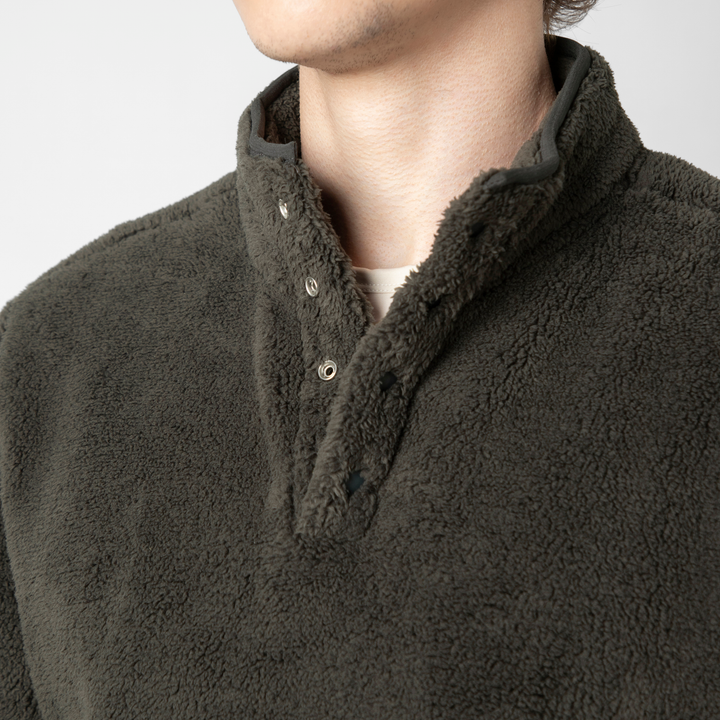 Quarter Snap Sherpa Pullover Shadow collar close up on model